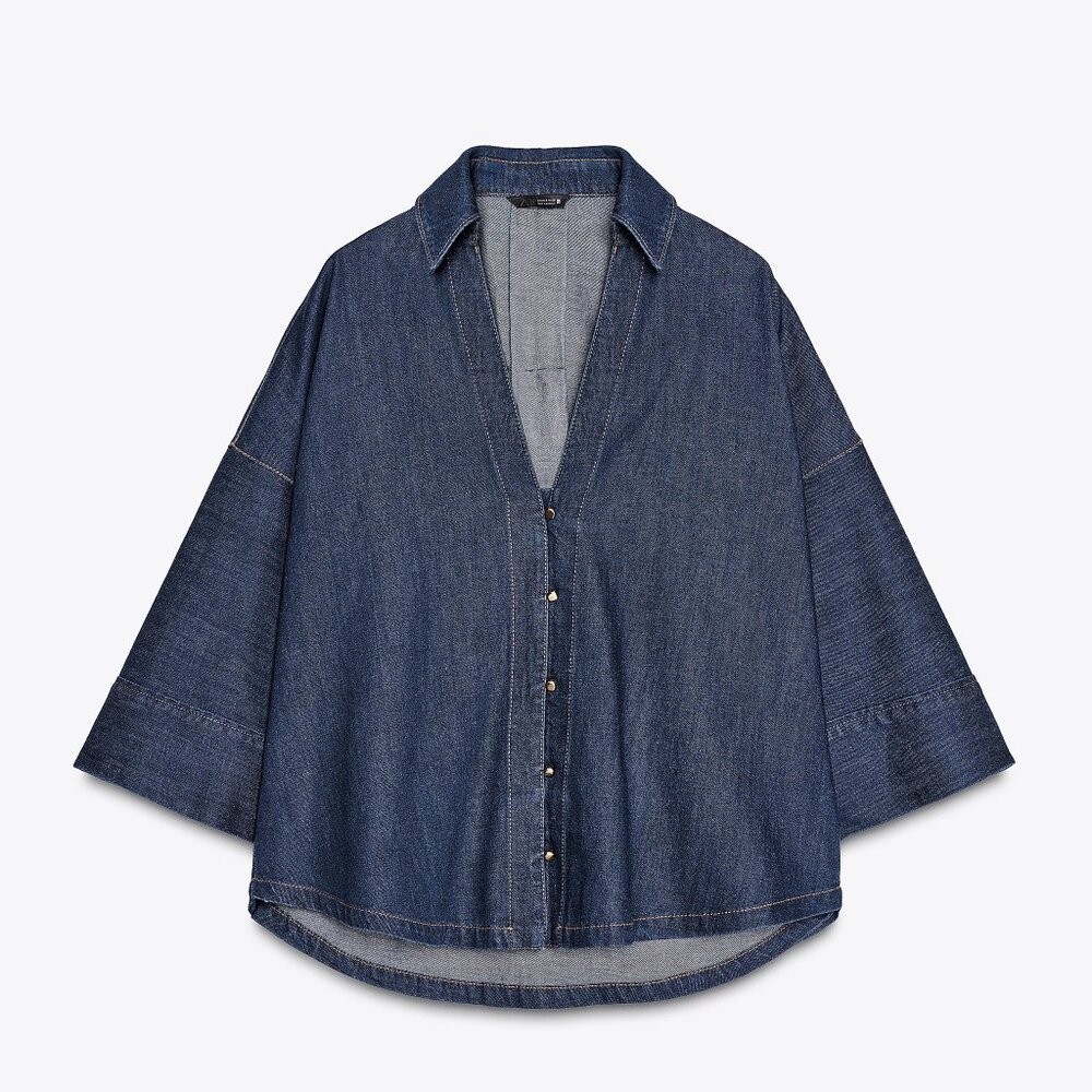 Zara DENIM EFFECT BUTTON-UP SHIRT SMALL NWT - Picture 2 of 6